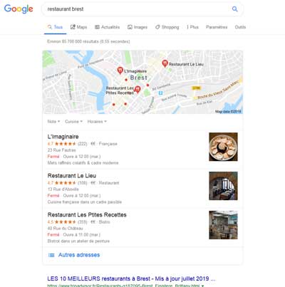 Résultats de recherche fournissant du contenu en provenance de Google My Business