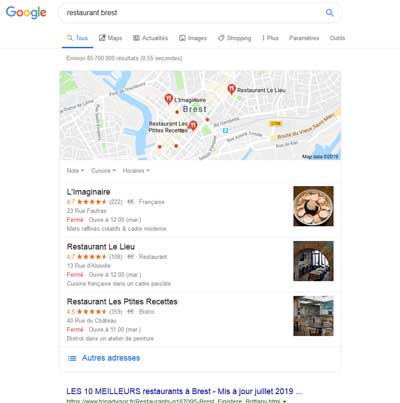 Résultats de recherche fournissant du contenu en provenance de Google My Business